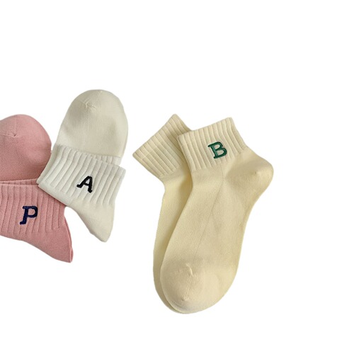 Spring and summer socks for women's socks sporty handmade boneless socks Solid color mesh embroidered letters for women's short socks