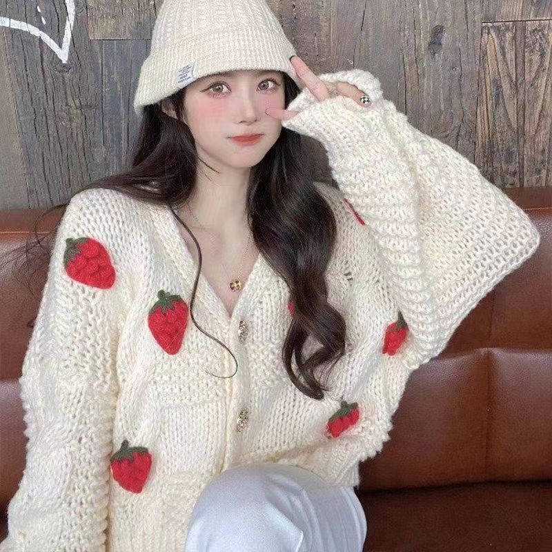 Sweet Strawberry Sweater Cardigan Loose Lazy Style Short Student Thick Wool Knitted Long-Sleeved Jacket Women's Autumn and Winter Trend