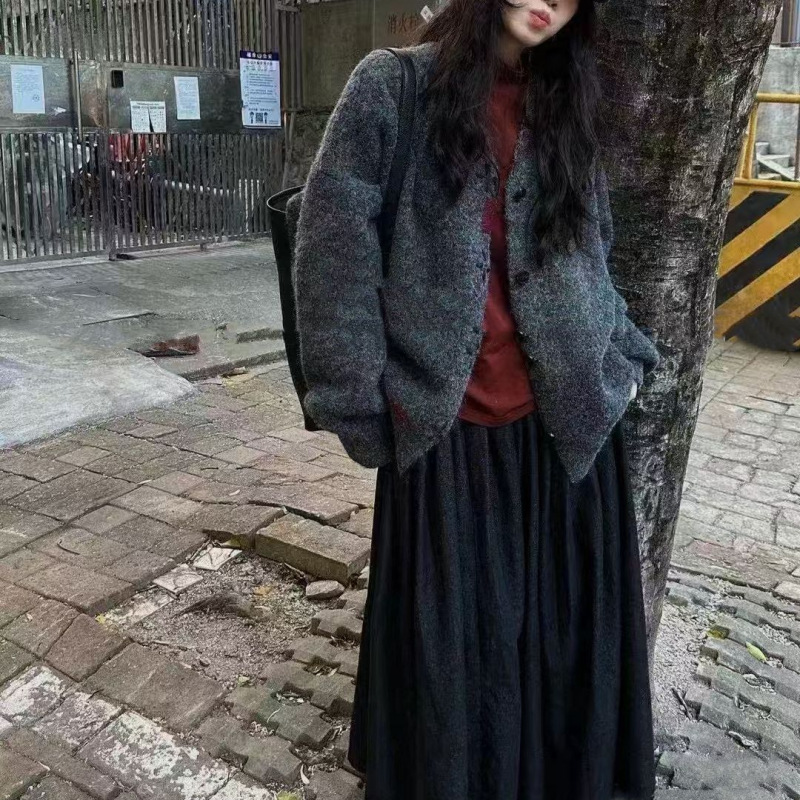 日系复古慵懒风V领针织外套女2025秋冬新款宽松大码文艺毛衣开衫|undefined