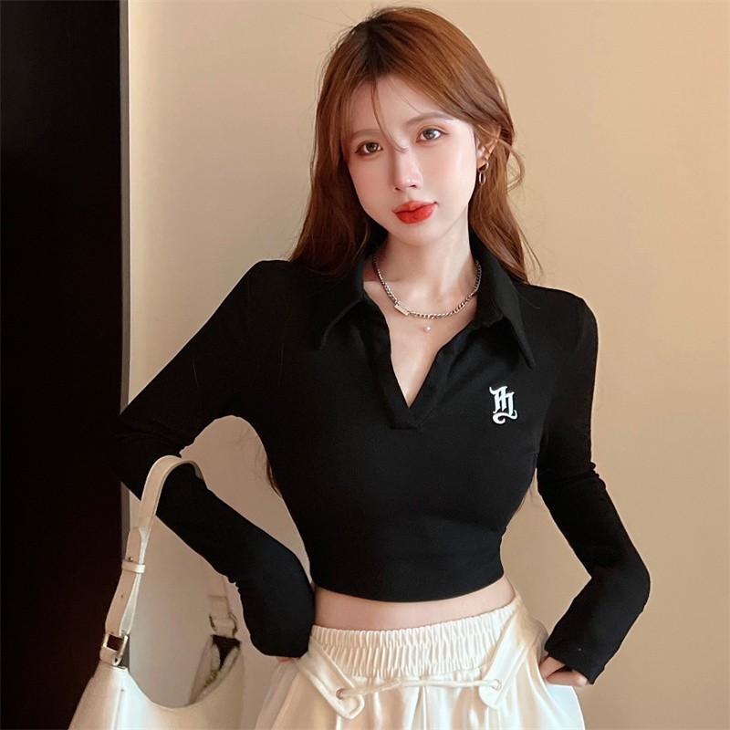 Spice Girl's Misty Design Niche Top Women's V-Neck Polo Neck Stylishness Short Navel Embroidered Tight Long-Sleeved T-Shirt