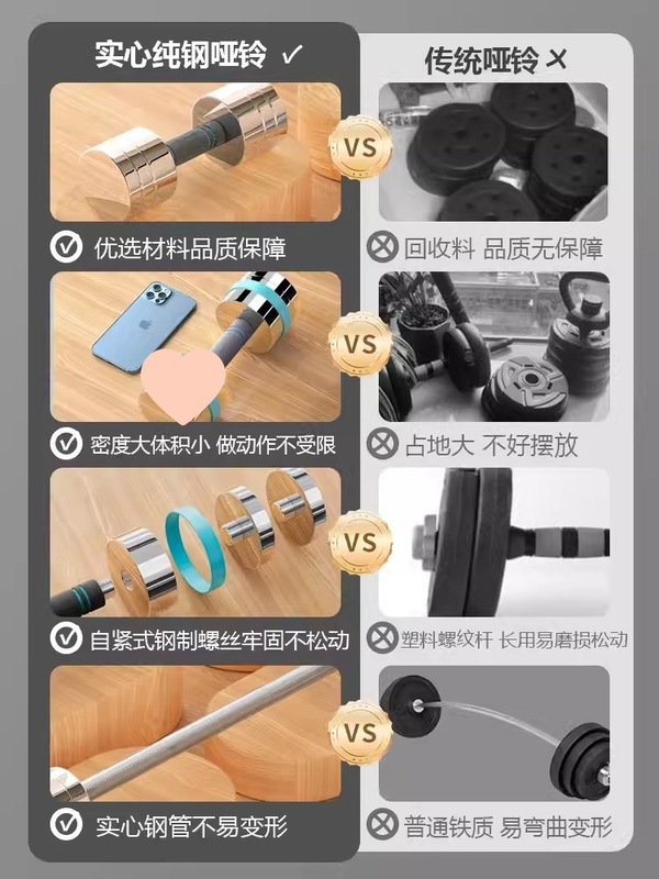 纯钢哑铃男士健身家用实心可调节电镀女配重铁专业钢制大重量杠铃|undefined