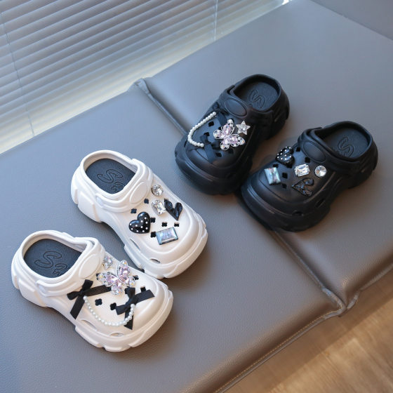 Girls' Big Children's Cave Shoes 2025 Summer Outer Wear Sandals 3-12 Years Old Girls' Rhinestone Stopped Shoe Platform Sandals Half Slippers
