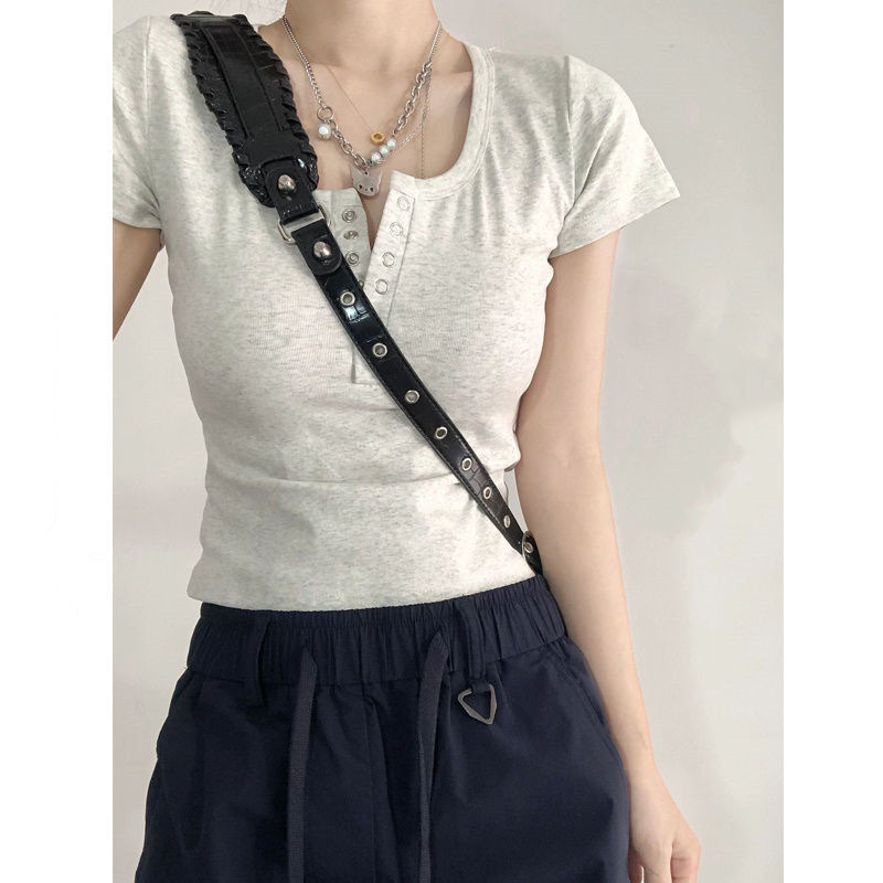 Korean Style American Style Design Buckle Slim-fit Slimming V-neck T-shirt Short Sleeve Summer Fashionable All-match Niche Top for Women