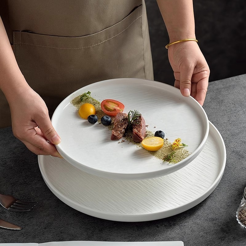 ストーン柄光沢セラミックハイエッジ洋食プレート和風業務用ステーキプレートステーキプレートラウンド芸術的意図プレート|undefined