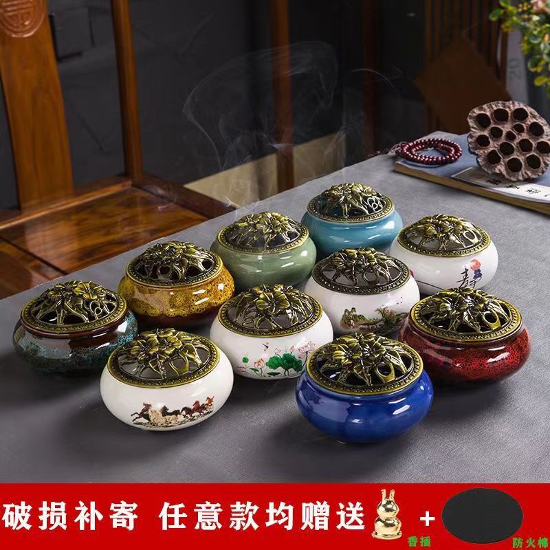 陶瓷香炉家用义乌批发熏香窑变哥窑香炉寺庙香送小葫芦小号盘香炉