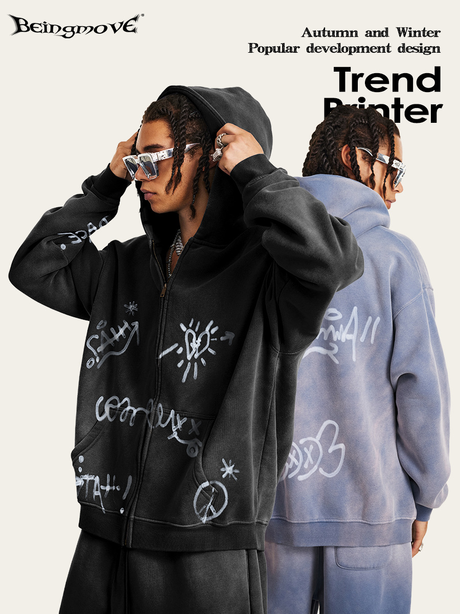 2025 marca de moda de otoño retro alta sensación graffiti de manga larga cardigan de punto de otoño chaqueta de cremallera de lana para hombres