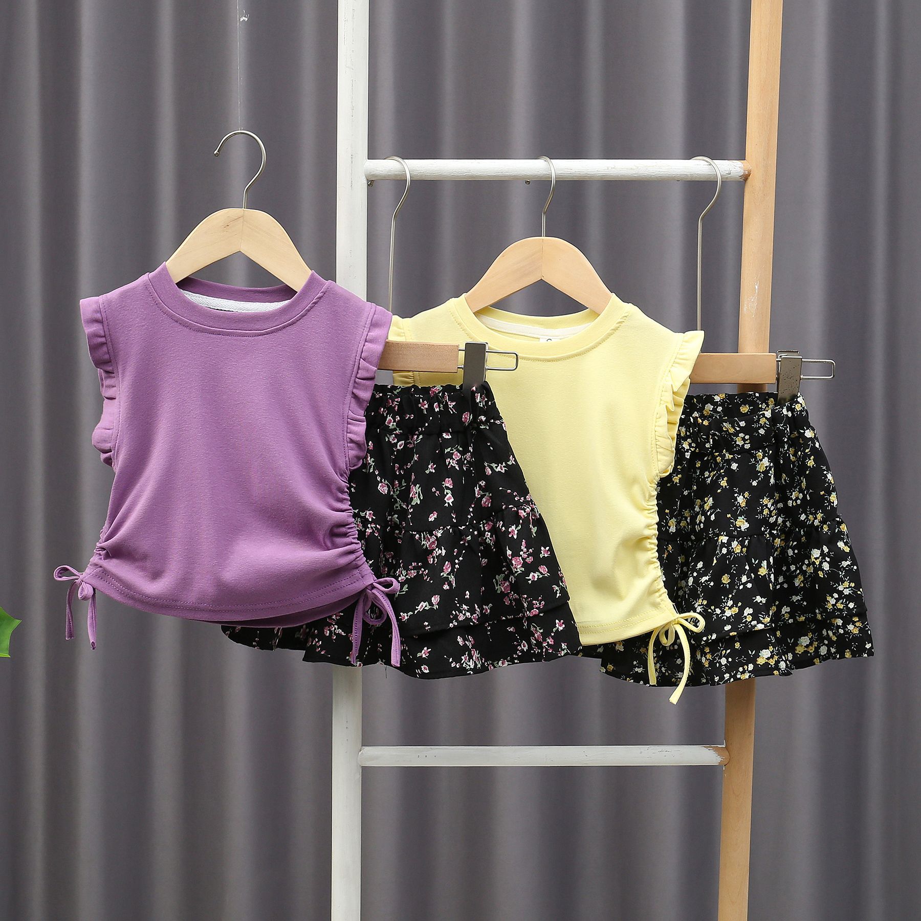 Women's children's clothing fashion suit foreign style summer 2025 solid color vest skirt Korean summer children a generation of hair