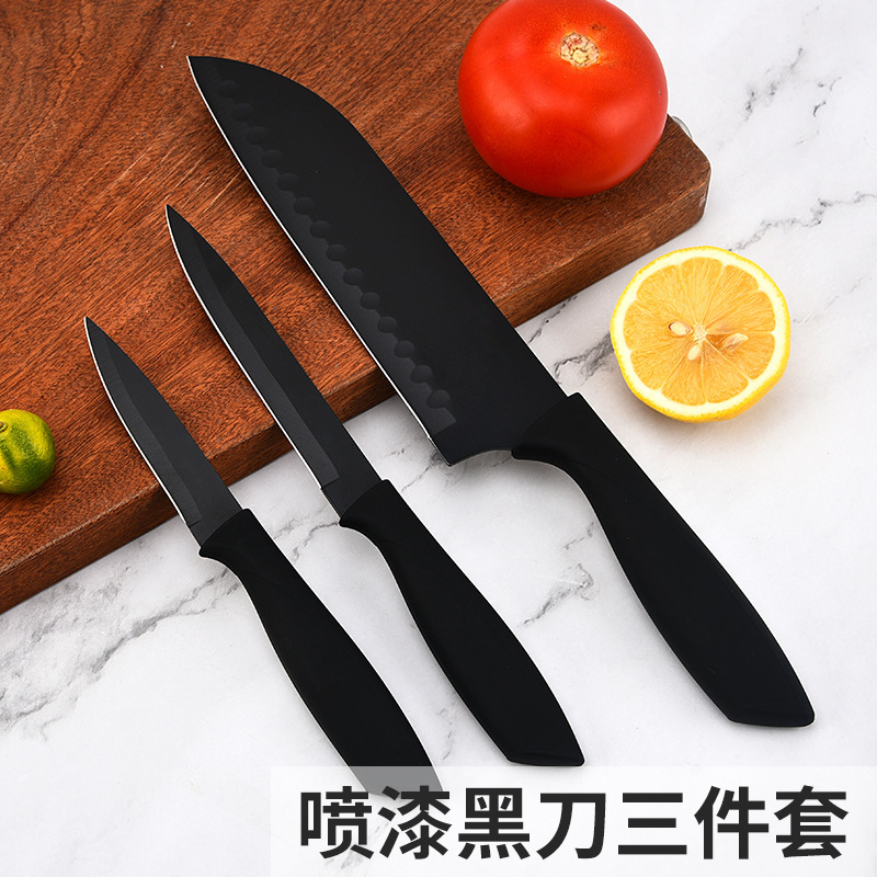 Fábrica al por mayor mango redondo cuchillo negro de pintura de tres piezas conjunto de tarjetas de succión conjunto de cuchillo de punta de cocinero de corte de frutas y verduras