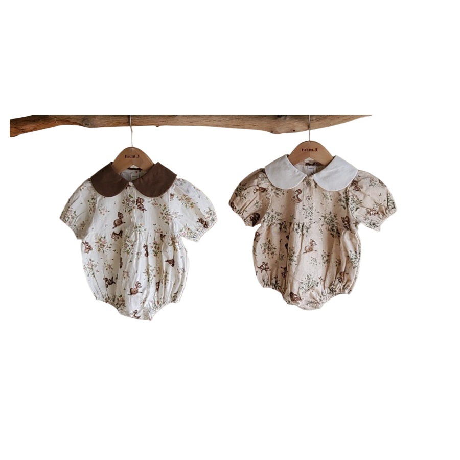 Estilo coreano ins bebé niña bebé algodón fino suave lindo ciervo solapa mono mameluco recién nacido impreso corto escalada