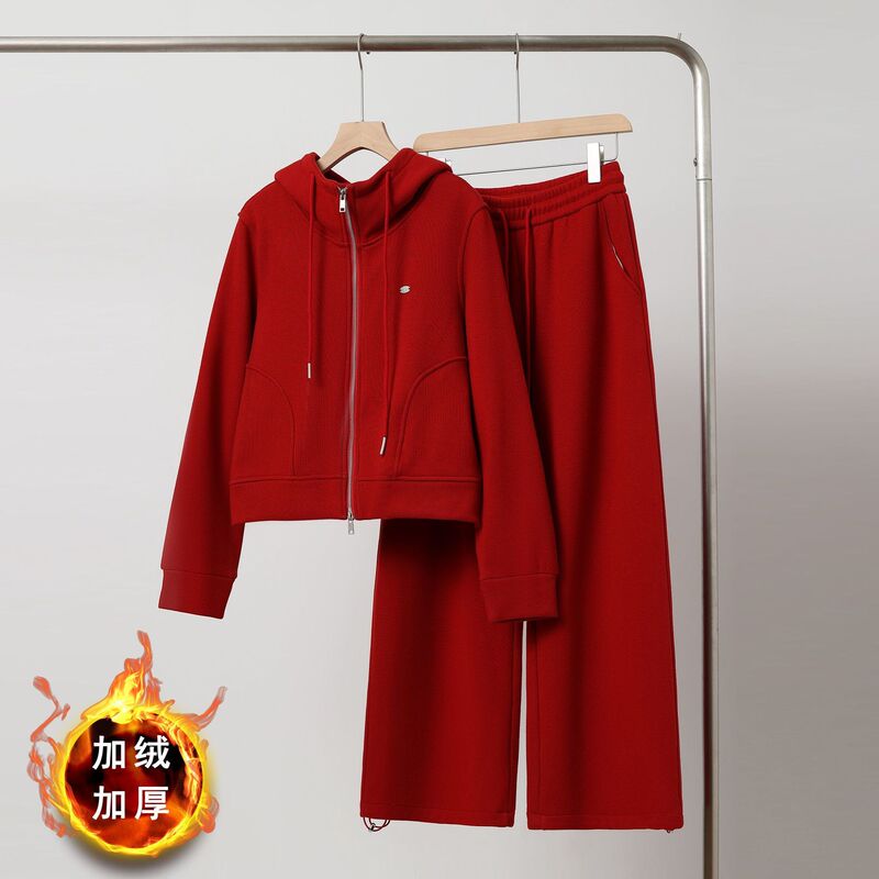 Sports Suit for Women, Versatile Winter Outfit, Complete New Year's Outfit, Red Fleece Sweatshirt, Wide-Leg Pants Two-Piece Set Sports Suit for Women, Versatile Winter Outfit, Complete New Year's Outfit, Red Fleece Sweatshirt, Wide-Leg Pants Two-Piece Set