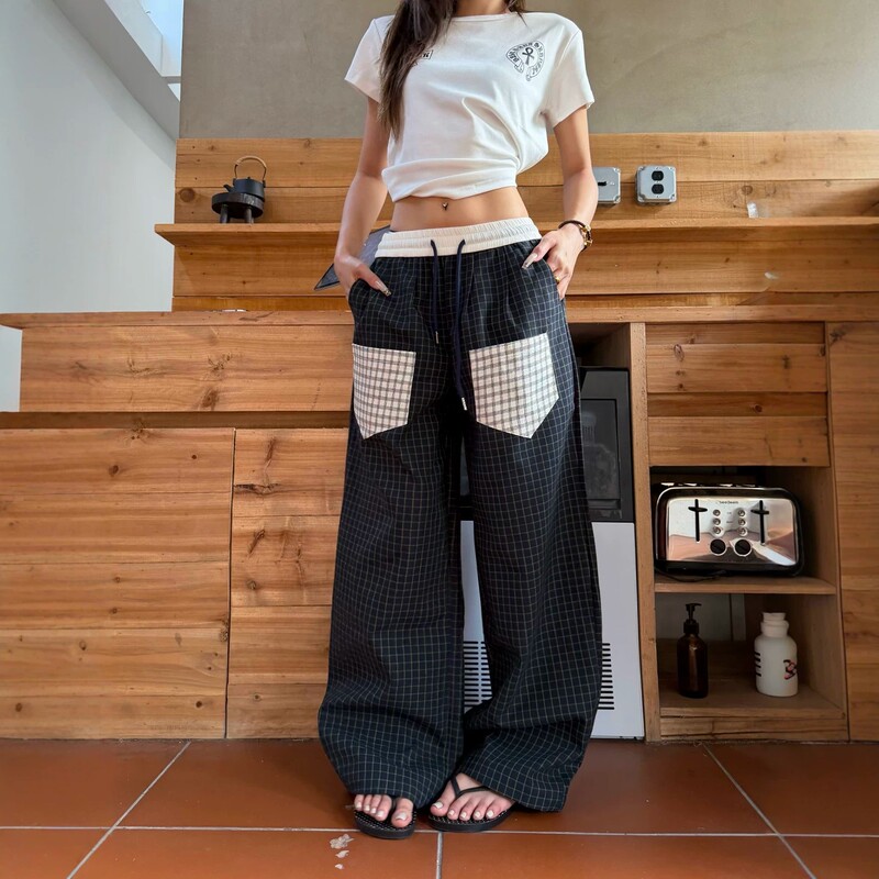 Factory American Retro Patch Pocket Plaid Pants Unisex Straight Loose Sports Casual Couple's Long Pants Factory American Retro Patch Pocket Plaid Pants Unisex Straight Loose Sports Casual Couple's Long Pants
