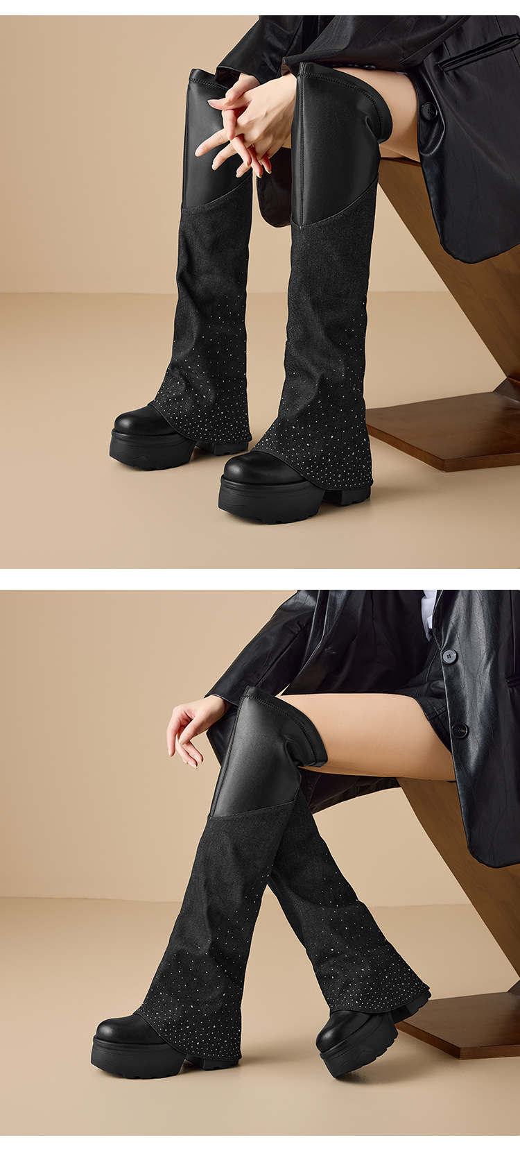 Boot nữ cổ cao quá gối đế dày 12 cm mũi tròn chất nhung đen đính đá dài — nhung đen chi tiết 3