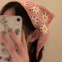 温柔可爱粉色太阳花三角巾少女感出游拍照氛围感头巾方巾披发头饰