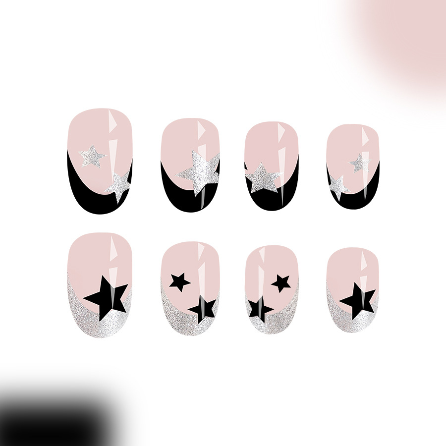 Short oval bright face Europe and the United States cross-border foreign trade French simple glitter black five-pointed star removable nail art 24 pie_voghion.com