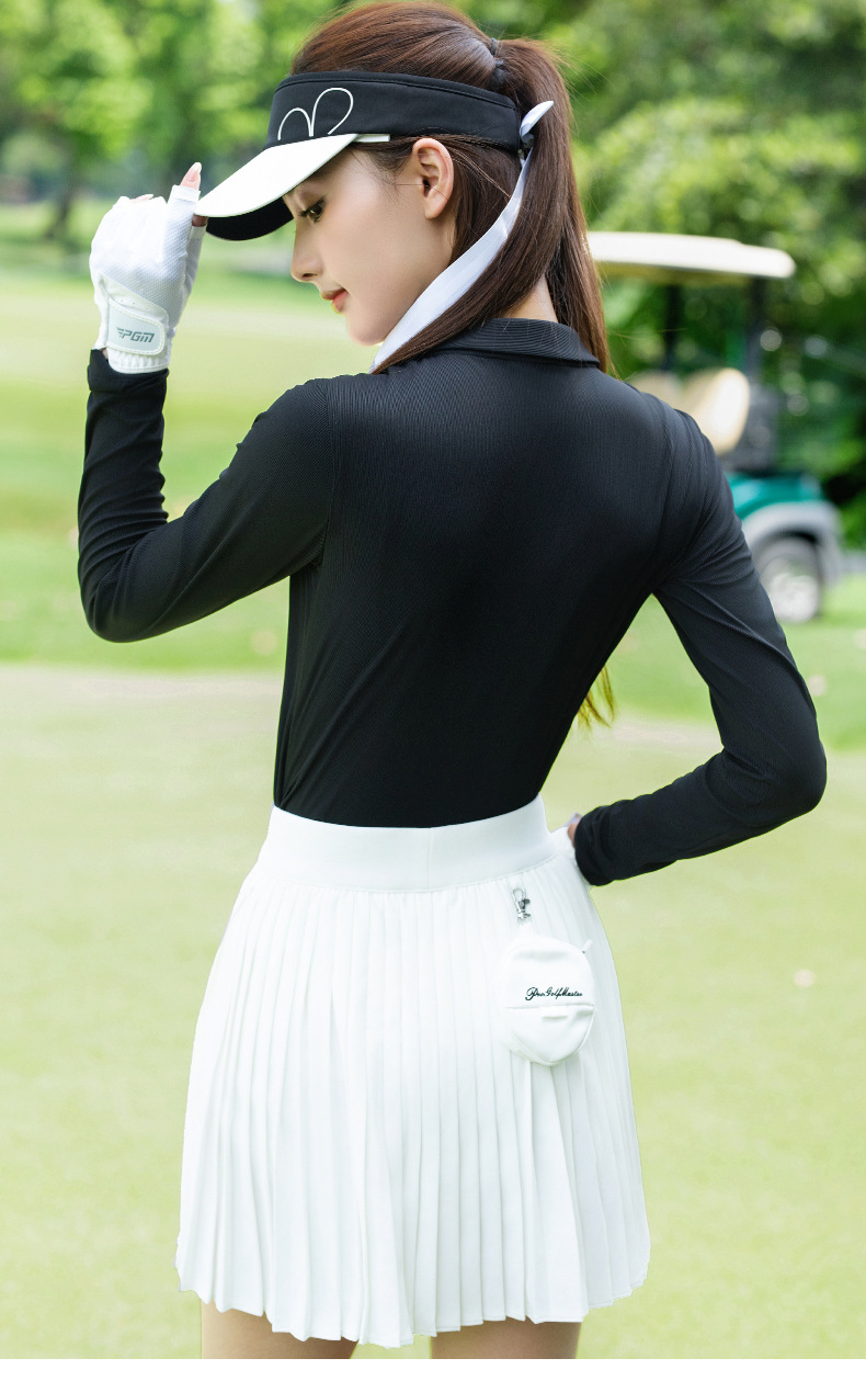 Áo thun golf nữ dài tay ôm sát vải co giãn cao — Tay áo dài màu đen [kết cấu dọc/vải co giãn cao/vừa vặn] YF842 chi tiết 12