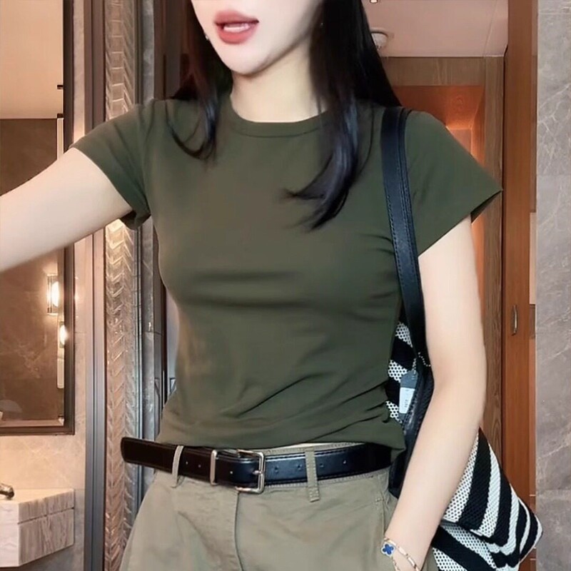 Retro Military Green Short-Sleeved Shirt for Women, Summer Round Neck T-Shirt, New Korean Style Slim Fit Top Retro Military Green Short-Sleeved Shirt for Women, Summer Round Neck T-Shirt, New Korean Style Slim Fit Top