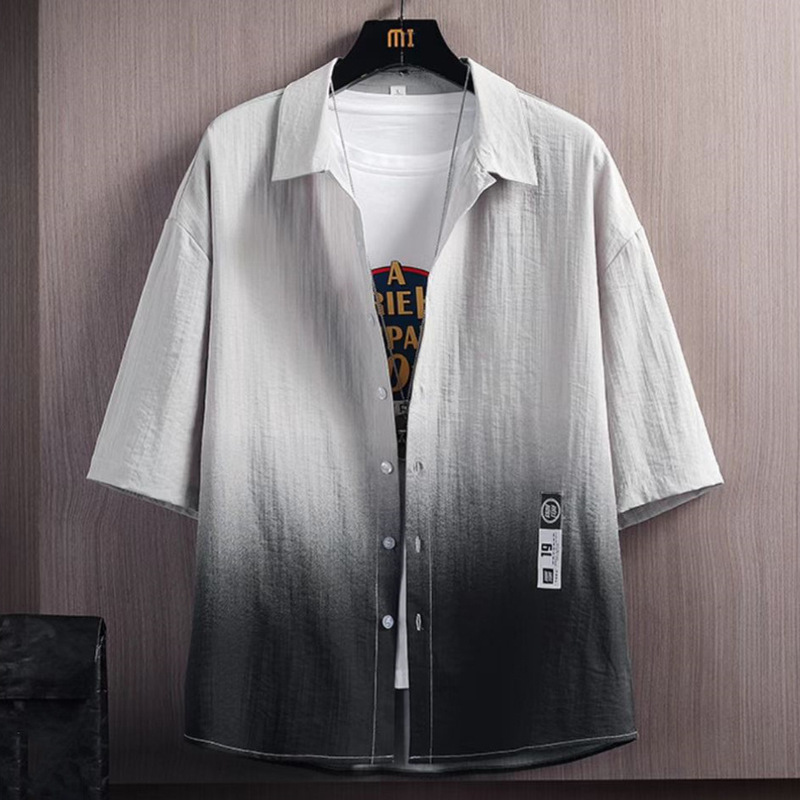 Short-sleeved shirt men's summer new thin ice silk ruffian handsome Hawaiian beach half sleeve gradient inch coat