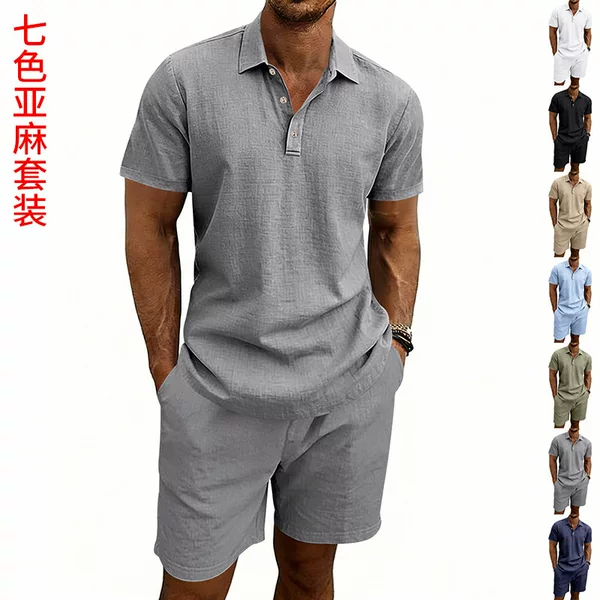 American-Style Summer Linen Casual Vacation Men's Loose-Fit Plus-Size Simple Lapel Polo Beach Shorts Set
