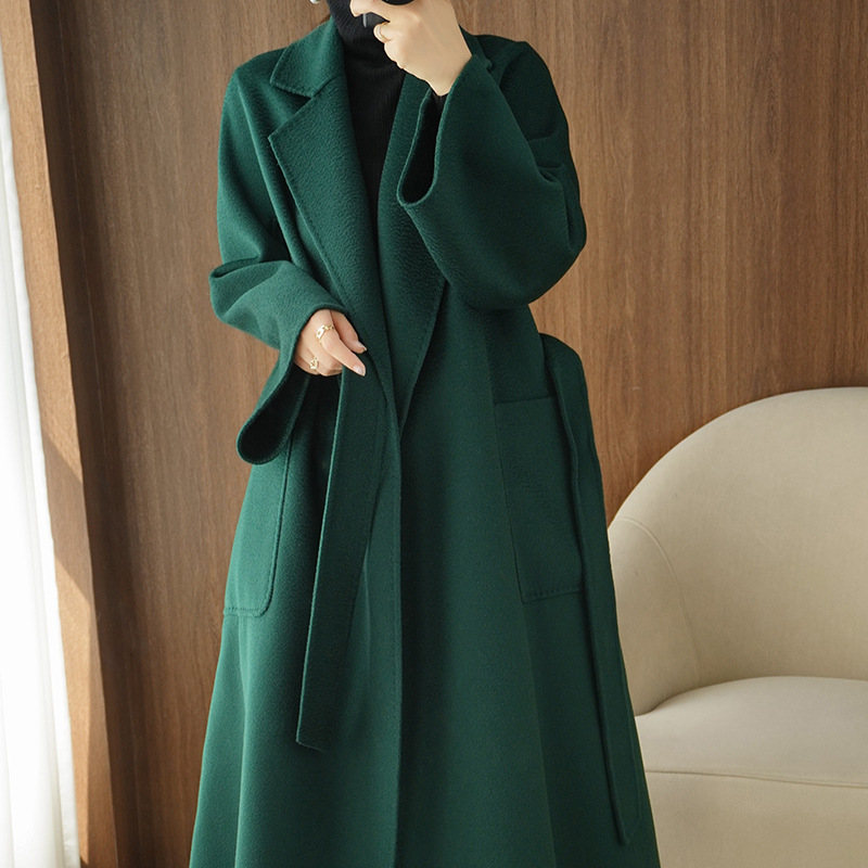 M Same Style Water Ripple Coat Women's Autumn and Winter Mid-length Loose Double-sided Cashmere Coat Korean Style Lace-up Wool Coat