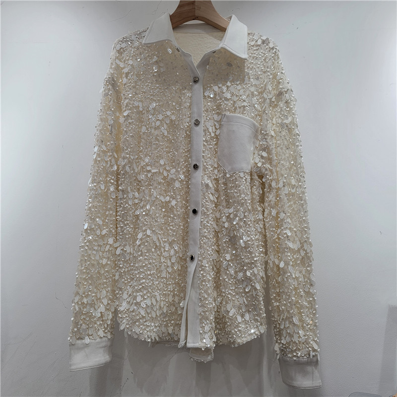 Diseño de cuentas de lentejuelas de estilo europeo y americano camisa de nicho avanzada moda relajada camisa casual moda femenina