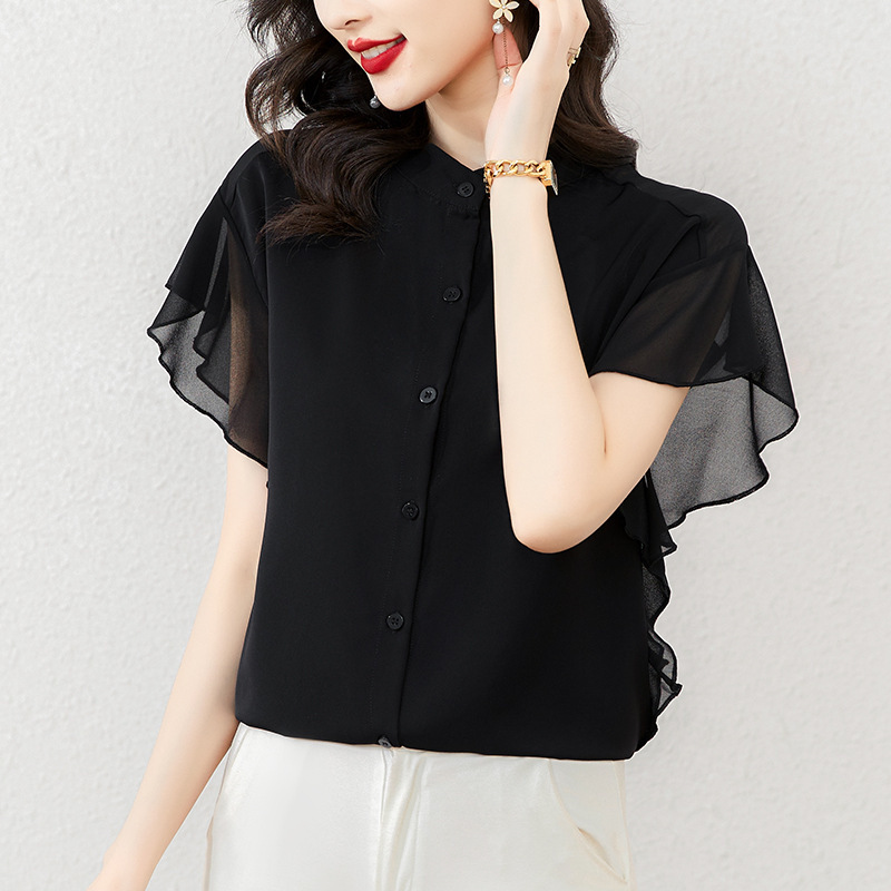 2025 New Summer Style Loose Slimming Look Short-Sleeved Lotus Leaf Sleeve Top Thin Design Niche Chiffon Shirt for Women 2025 New Summer Style Loose Slimming Look Short-Sleeved Lotus Leaf Sleeve Top Thin Design Niche Chiffon Shirt for Women