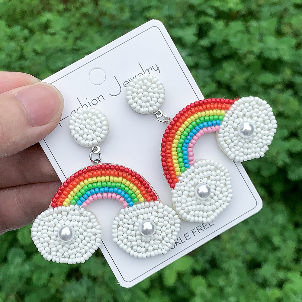 Rainbow, Heart Shape Pattern 1 Pair Bohemian Classic Style Rainbow Heart Shape Beaded Seed Bead Drop Earrings