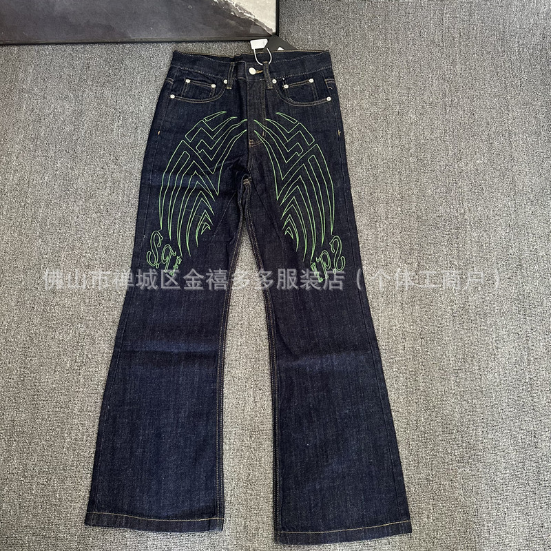 Cross-Border Foreign Trade Angel Wings Fluorescent Green Embroidered Jeans Men's Slim Retro Trendy Brand Washed Bootcut Pants Cross-Border Foreign Trade Angel Wings Fluorescent Green Embroidered Jeans Men's Slim Retro Trendy Brand Washed Bootcut Pants