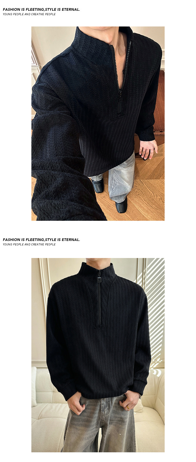 Sweatshirt With Half-zip Stand-up Collar And Herringbone Pattern_voghion.com
