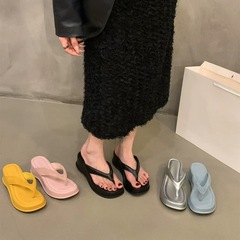 ウェッジハイヒールシルバービーチサンダルレディースアウターシューズ2025夏厚底身長増加靴サンダル