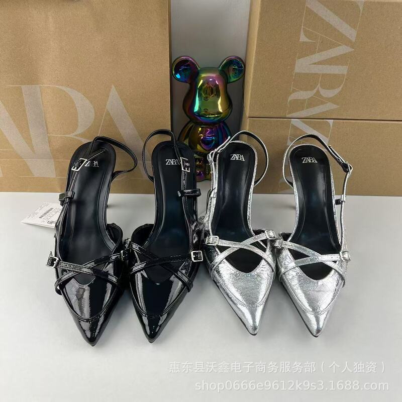 ZAR Spring New Women's Shoes Black silver High Heeled Shoes with Shoe Muller British Cross Strap Sandals Women's Single Shoes