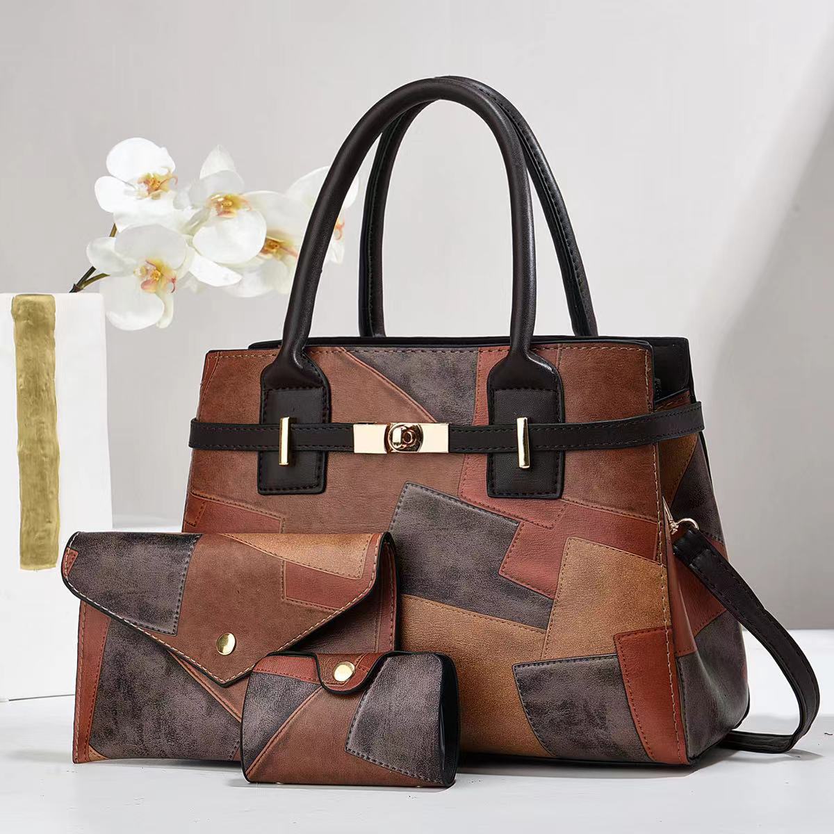 Zipper Closure Type Single Shoulder Strap Strap Type Women's Pu Leather Color Block Elegant Classic Style Square Zipper Bag Sets Tote Bag