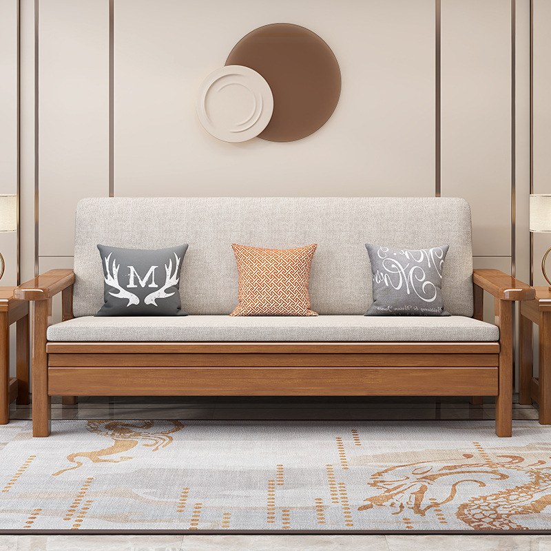 All Solid Wood Sofa Bed Modern Simple Small Apartment Living Room Simple Folding Sofa Dual-Purpose Rental Room for Three People