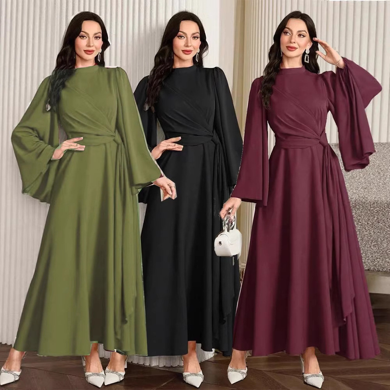 Cross-Border Women's Fashion Solid Color Long-Sleeve Casual Long Dress European and American New Style Slim-Fit Dress with Back Zipper and Small Stand-Up Collar