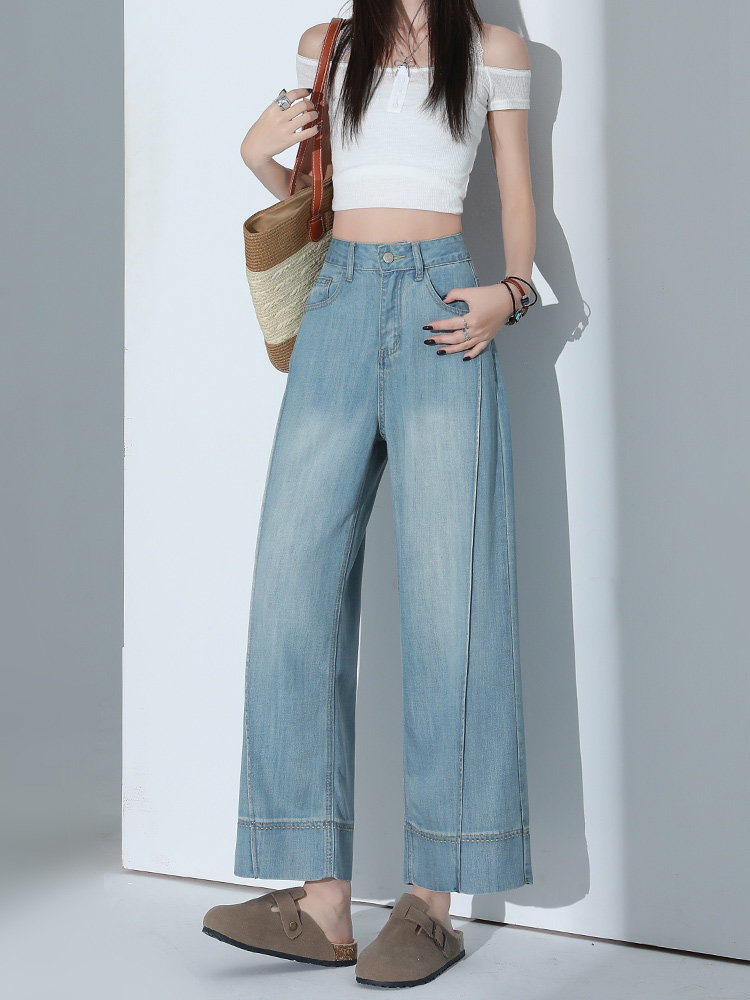 Quần jean ống rộng nữ cạp cao dáng suông vải Tencel xanh nhạt — Quần lửng màu xanh nhạt