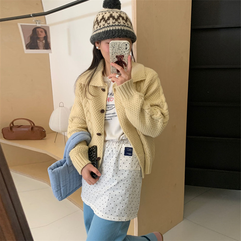 学院风翻领软糯麻花毛衣女外套春季新款宽松小个子短款针织开衫女|undefined