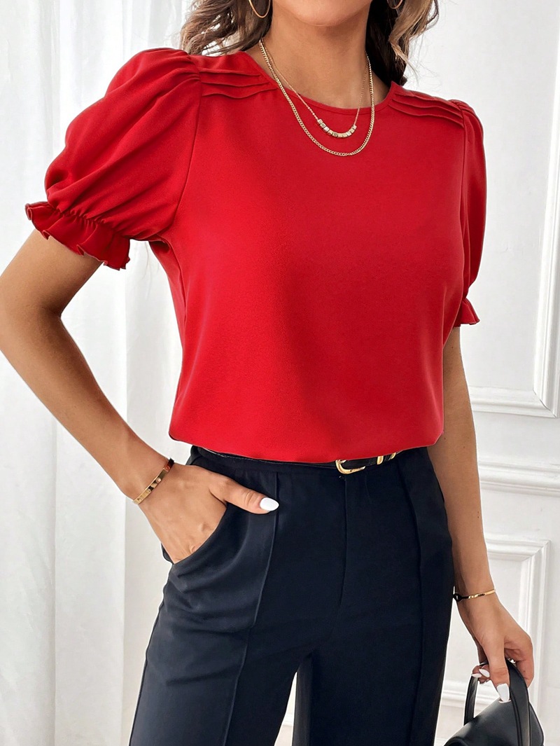 203g Weight Short Sleeve Sleeve Length Pullovers Placket Type Bishop Sleeve Sleeve Type Polyester Fabric Type Regular Top Length Blouse Tops Type Daily Occasion Round Neck Neckline Regular Fit Fit Type Solid Color Pattern Summer, Spring Season Women's Gender Elegant, Streetwear Style Wholesale Women's Elegant Streetwear Solid Color Short Sleeve Blouses 16
