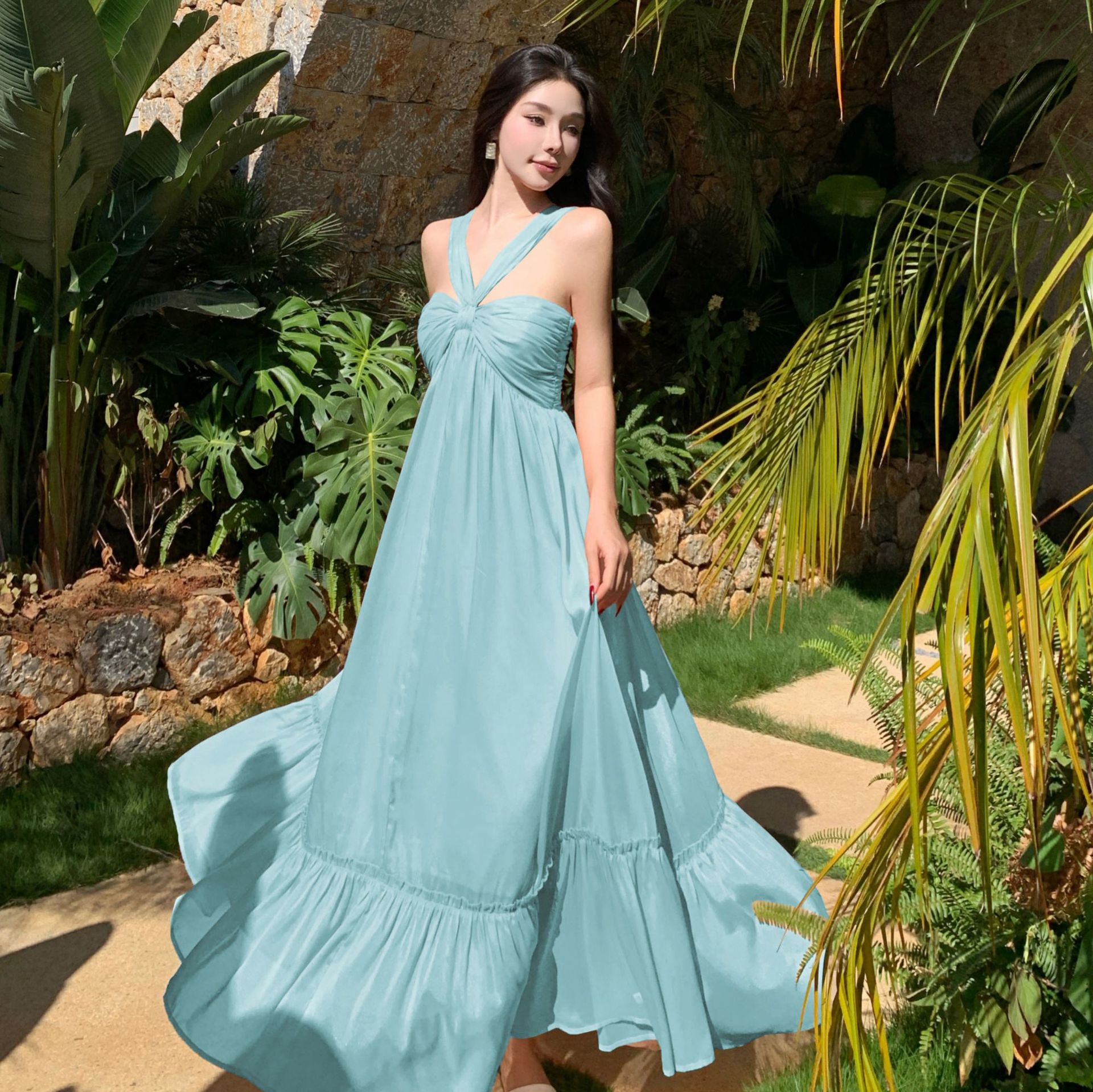 프랑스 스타일 우아한 목 교수형 스트랩 원피스 요정 여름 하이 엔드 분위기 해변 홀리데이 비치 롱 원피스