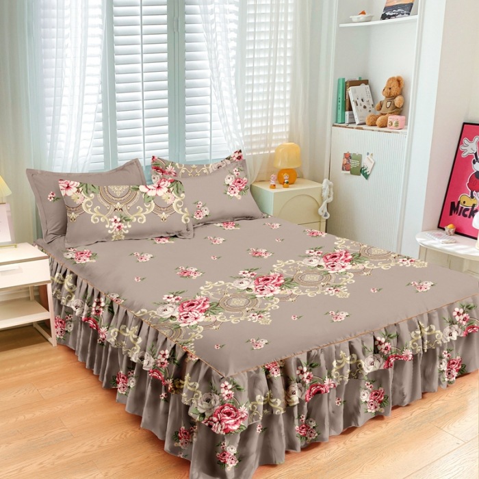 Falda de cama coreana Falda de cama de algodón de imitación agradable para la piel Funda de cama individual para dos piezas de tres piezas Funda de cama de encaje de doble capa de tres piezas image 18