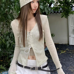 复古吊带小衫女春秋季外搭两件套装修身辣妹长袖针织打底抽绳上衣