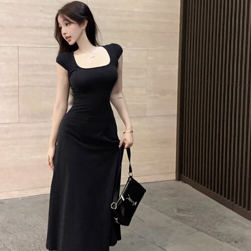 New Korean a-line dress, slim, slimming and square-collar, blue dress, women's summer French-style short-sleeved long dress