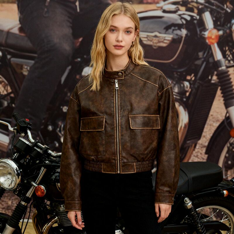 Cross-Border Coffee-Colored Pu Leather Jacket, Women's Vintage Distressed Loose Workwear Stand-Up Collar Zipper Jacket, European and American Style Cross-Border Coffee-Colored Pu Leather Jacket, Women's Vintage Distressed Loose Workwear Stand-Up Collar Zipper Jacket, European and American Style