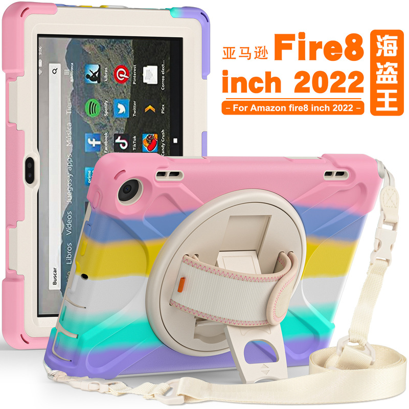 Applicable to Amazon Fire8 2022 Pirate King protective case Fire7 rotating bracket hand strap strap silicone case