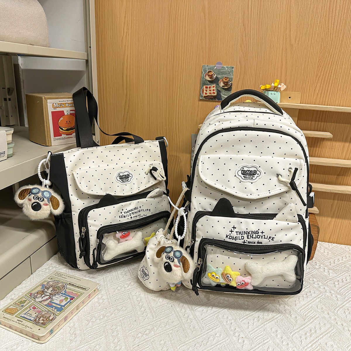 Polka Dot Student Backpack for Girls, Large Capacity, Japanese Style Transparent Ita Bag Backpack for Women