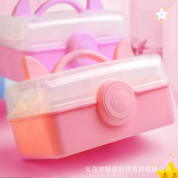 Cartoon cute three-layer storage box toolbox art student pen box hand painting storage box sketch stationery box goo card