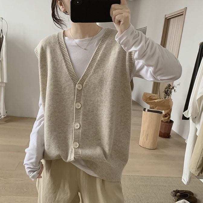 韩系宽松休闲v领马夹针织背心女秋季洋气减龄马甲外套女外搭开衫|undefined