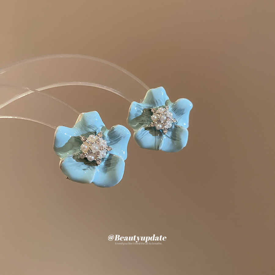 Pendientes de perlas de flores de diamantes con aguja de plata Pendientes de temperamento fresco y dulce estilo ins coreano Pendientes de lujo ligero de alta calidad