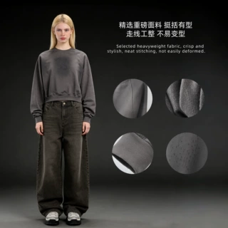 春季新款纯棉水洗做旧宽松休闲运动街头潮流美式修蝙蝠女卫衣