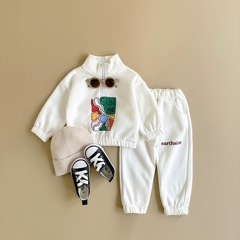 Korean Version New Baby and Toddler Pajama Set with Fleece Print, Stylish Zip-Up Hoodie for Boys and Girls