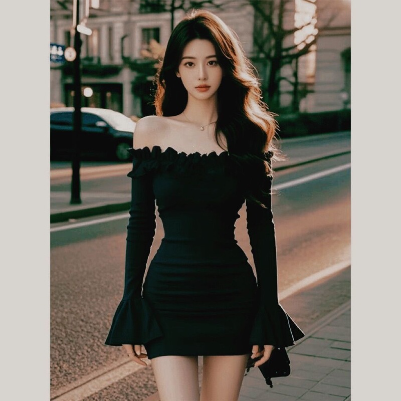 French-Style Retro Black Off-The-Shoulder Dress for Women, Fashionable and Stylish, Super Pretty, Bodycon Short Dress for Autumn and Winter French-Style Retro Black Off-The-Shoulder Dress for Women, Fashionable and Stylish, Super Pretty, Bodycon Short Dress for Autumn and Winter