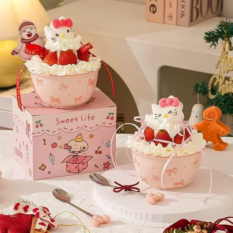 网红圣诞节草莓kt猫抱抱碗蛋糕装饰hellokitty甜品碗蝴蝶结蛋糕碗